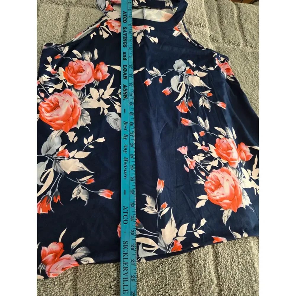 Bloomchic Floral Halter Tank Womens 12 Navy Sleeveless Flow Top Stretch